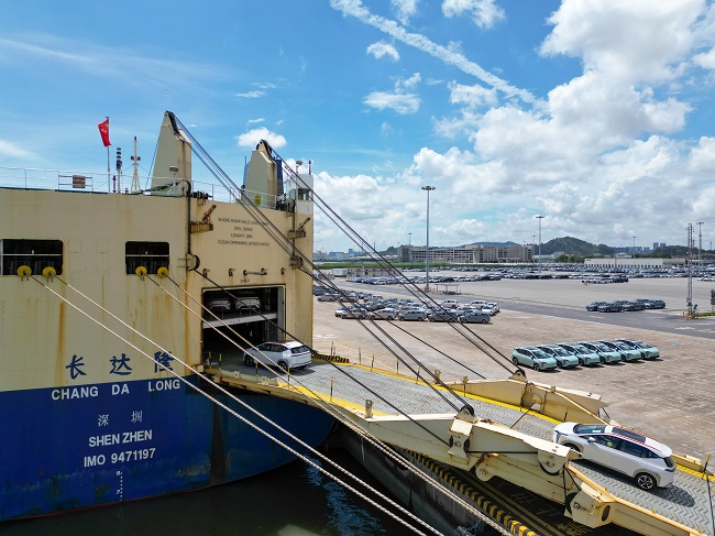 Domestic new energy vehicles are loaded and exported at Nansha automobile port. Photo courtesy of Guangzhou Port Group